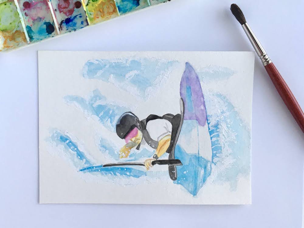 A custom watercolor painting of a man kayaking in the rapids
